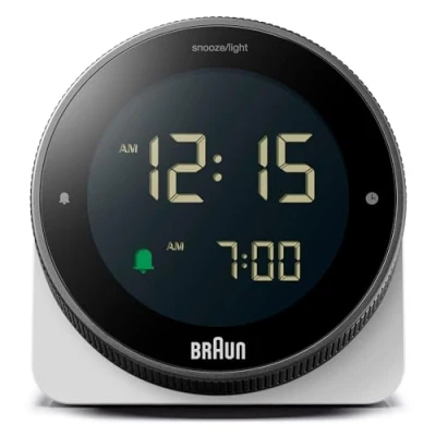 Image de Braun Réveil numérique avec Snooze, écran LCD négatif, Lunette rotative pour Un réglage Rapide de l&#039;heure, Alarme sonore Crescendo en Blanc, modèle BC24W.