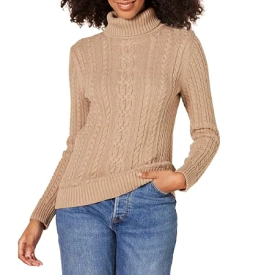 Image de Amazon Essentials Pull Col Roulé en Maille Torsadée Style Irlandais (Grandes Tailles Disponibles) Femme, Fauve Chiné, XL