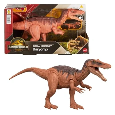 Image de Mattel Jurassic World: Renaissance Baryonyx dinosaure articulé, jouet avec morsure commandée à partir de la queue, attaque dans toutes les directions, rugissement féroce, son et jeu virtuel, JGC79