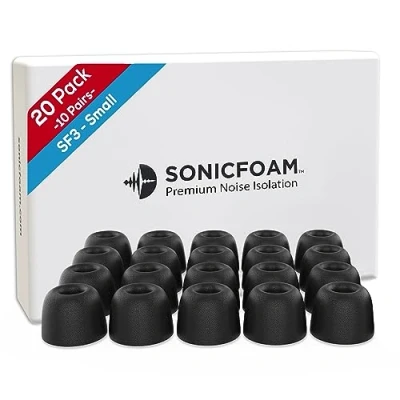 Image de SONICFOAM Lot de 20 Embouts en mousse à mémoire forme Isolation sonore qualité supérieure rechange pour écouteurs intra auriculaires (SF3, taille S, noir)