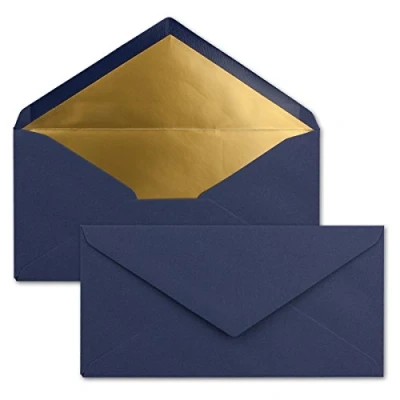 Image de 15x enveloppes 11 x 22 cm couleur: bleu foncé aves doublure en or métallique fermeture: gommée format DL américain, portefeuille sans fenêtre pour papier A4 invitations