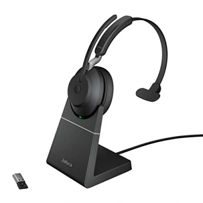Image de Jabra Evolve2 65 Casque PC sans Fil avec Station de Charge Mono Certifié UC Anti bruit Batterie Longue Durée Adaptateur Bluetooth USB A Noir