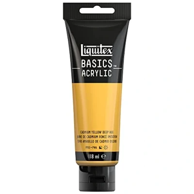 Image de Liquitex 8870042 Basics peinture acrylique, artistique monopigmentée, résistante à la lumière, qualité archive, finition satinée, tube De 118 ml Jaune Cadmium Foncé Imitation