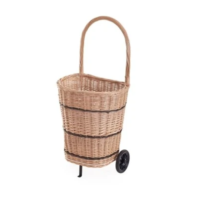 Image de e wicker24 Panier à bûches en osier buff et teinté, chariot de marché osier, support caddie roulettes, provisions, transport avec roulettes (Ovale)