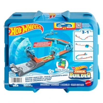 Image de Hot Wheels Jeu De Construction Boîte Lancement Cascade Track Builder, Éléments Piste Et Rangement Empilable Bleue, 1 Voiture Incluse, Jouet Enfant, A Partir 4 Ans, HNJ67