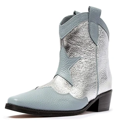 Image de L37 HANDMADE SHOES Femme Bottes de Cowboy I Daim Doublure en Cuir Chaussures Faites à la Main Sky Full of Stars Western, Bleu/argenté, 37 EU