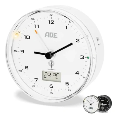 Image de ADE réveil analogique sans tic tac avec Affichage de la température du Calendrier lumière Fonctionne sur Piles Blanc