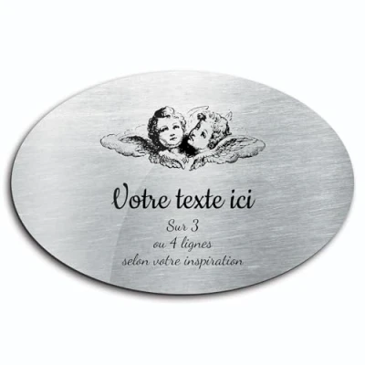 Image de Plaque gravée funéraire motif Deux têtes d&#039;anges autocollante modèle ovale (20x13 cm) personnalisée 1 à 3 lignes Alu Brossé