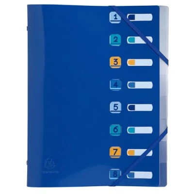 Image de Exacompta Réf. 56212E Carton de 10 trieurs Bee Blue avec élastiques et fenêtres découpées couverture intérieur en PP recyclé 8 compartiments pour A4 dim 25 x 32 cm bleu marine