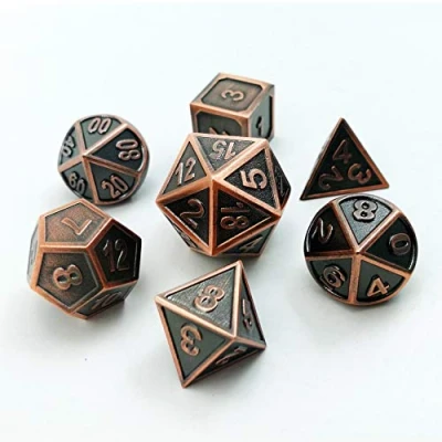 Image de Bescon Dice Dé polyédrique en métal massif, cuivre ancien, nouveau style (lot de 7) Pour jeu rôle, D4 D20