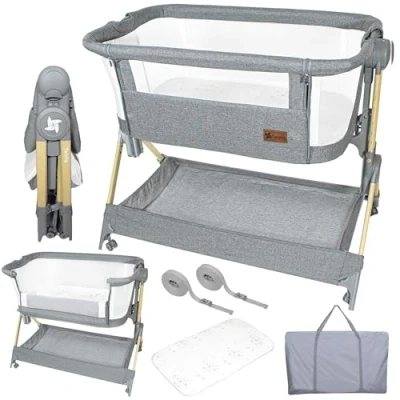 Image de Twinly Lit Cododo Bébé Berceau Pliable et Réglable COMFORTLY 2 en 1, 0 6 Mois, 5 Hauteurs, Matelas Confort, Côtés Filet, 4 Roues, Sac de Voyage, Facile à Transporter (Wood)