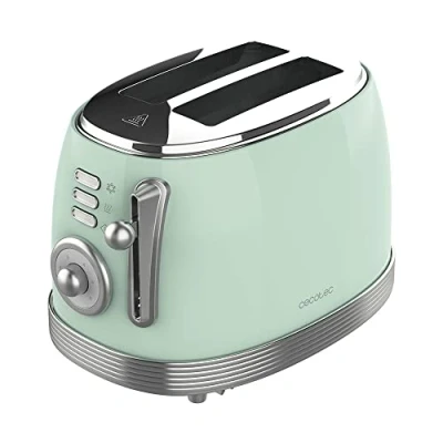 Image de Cecotec Grille Pain Vintage Toast&amp;Taste 800 Light Green. 850 W, double fente courte extra large de 3,8 cm, 2 toasts, finitions en acier inoxydable, style vintage, 3 fonctions