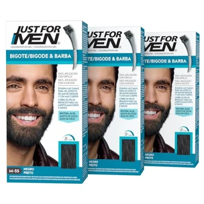 Image de Just For Men Teinture moustache et barbe noire, élimine les cheveux blancs pour une apparence plus épaisse complète, avec pinceau applicateur inclus M55 (3 Pack)
