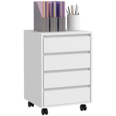 Image de HOMCOM Caisson de bureau rangement sur roulettes 4 tiroirs coulissants en bois aspect blanc