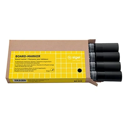 Image de SIGEL BA012 Lot de 4 marqueurs pour tableaux en verre / blancs, effaçables, encre &quot;cap off&quot;, pointes ogives Ø 2 3 mm, noir