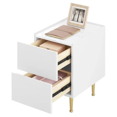 Image de WOLTU Table de Chevet avec 2 Tiroirs, Nuit Plateau Brillant, 40x30x51cm, d&#039;Appoint Moderne pour Chambre Salon, Montage Facile, MDF+PVC+Métal, Blanc+Doré, NTS10ws02