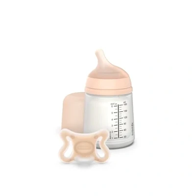 Image de Suavinex, Starter Set Zero Zero. Biberon anti colique 180ml avec Tétine Spécial Allaitement + Sucette Naissance Taille Mini ( 2 à mois) Symétrique SX Pro