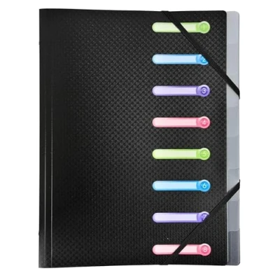 Image de Exacompta Réf. 56181E Carton de 10 trieurs Opak 3 rabats avec élastiques et fenêtres découpées couverture intérieur en PP 8 compartiments dim 25x32cm pour A4 couleur noir