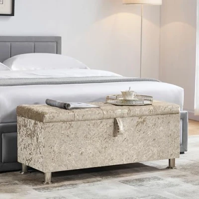 Image de Vida Designs Valencia Ottoman, Couvercle en Tissu, siège, Tabouret, Banc, fenêtre, Coffre, Coffre de Rangement pour Jouets, Pouf, Repose Pieds, Velours Champagne