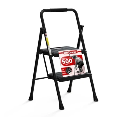 Image de Escabeau Pliable à 2 marches avec Large pédale antidérapante, échelle en Acier Robuste, poignée Pratique, Tabouret léger Portable, Noir