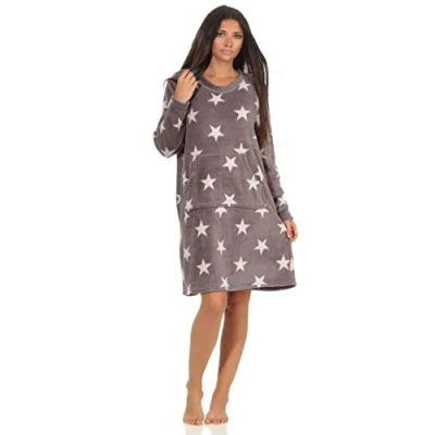 Image de NORMANN Wäschefabrik Chemise de nuit pour femme, robe maison, superbe aspect étoilé, en polaire corail douce et douillette, gris, 42 44