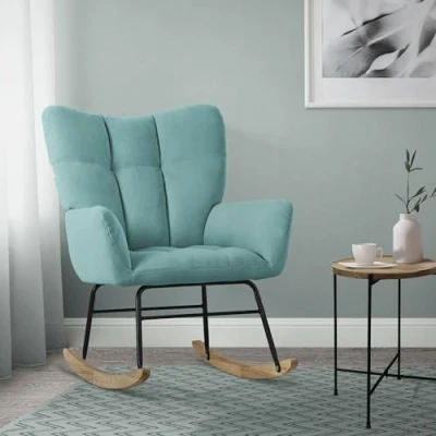 Image de ML Design Fauteuil à Bascule Sauge, avec Housse en Tissu Éponge, Structure Acier, Pieds Bois Naturel, Chaise de Relax, Relaxation Oscillant Rembourré, pour Salon Chambre Coucher