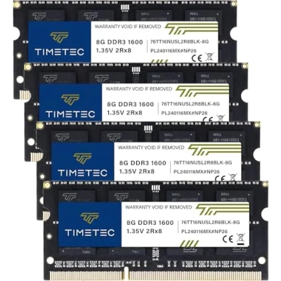 Image de Timetec 32 Go KIT(4x8Go) DDR3 1600MHz PC3 12800 Non ECC sans Tampon 1,35V/1,5V CL11 2Rx8 Double Rang 204 Broches SODIMM Ordinateur Portable PC mémoire RAM Module Mise à Niveau PCB Noir