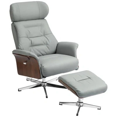 Image de HOMCOM Fauteuil relax avec pouf, TV fonction chaise longue, appui tête réglable, pivotant jusqu&#039;à 150 kg, pour salon, chambre à coucher, similicuir, gris clair
