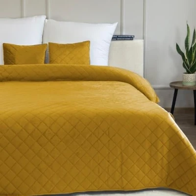 Image de Couvre Lit Quilt Matelassé avec 2 taies d&#039;oreiller 40x40 cm Jaune Moutarde Velours Amarante, 180x220