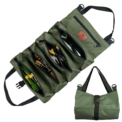 Image de Sac à Roulettes pour Outils, Outils en Toile Clés Molette, Polyvalent avec 5 Poches Fermeture éclair, Idéal les Plombiers et électriciens(Vert)