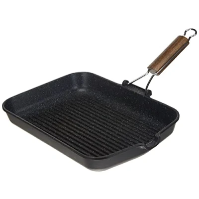 Image de H&amp;H Poêle à Steak Antiadhésive, Poignée Pliante 36X24 cm, ustensile de Cuisson pour Griller, rectangulaire, Noir Effet Pierre, cm