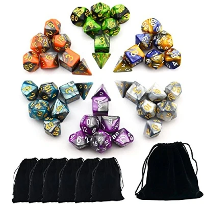 Image de SmartDealsPro Lot de 6 dés polyédriques double couleurs avec pochettes pour D&amp;D DND RPG MTG Donjons et Dragons Jeu table D4 D6 D8 D10 D% D12 D20