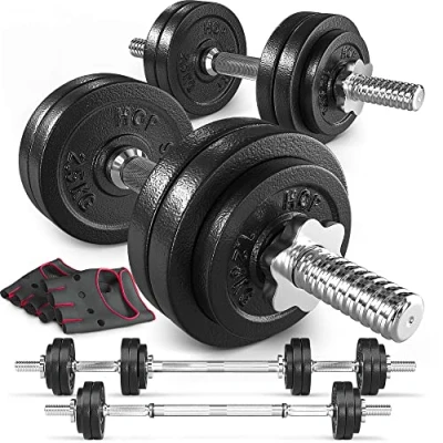 Image de Hop Sport 2en1 Set d&#039;haltères en fonte modulable, 2 haltères courts, 1 Barre longue, acier réglable 30mm 2x15kg