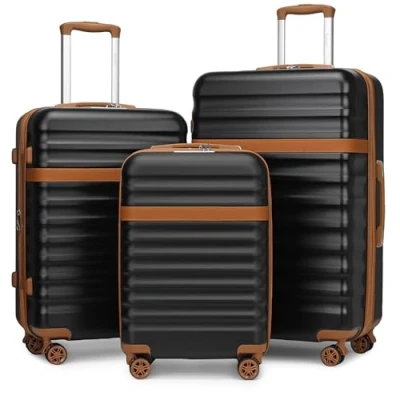 Image de Kono Set de 3 Valises Voyage Rigide Ensemble ABS+PC Extensible Légère Durable lot Valise avec 4 roulettes Silencieuses à 360 et Serrure TSA (Noir/Marron,M/L/XL)