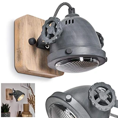 Image de Applique murale Herford en bois, verre et métal gris, spot mural retro industriel pivotant idéal dans un salon vintage, pour 1 ampoule GU10, ampoule(s) non incluse(s)