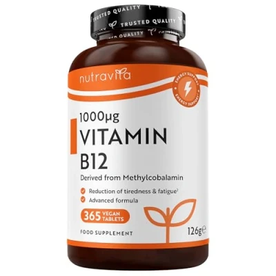 Image de Vitamine B12 1000 µg Végan 12 Mois d&#039;Approvisionnement 365 Comprimés Végan, Facile a Avaler Sans OGM Formule Avancée pour usage quotidien Fabriqué au Royaume Uni par Nutravita