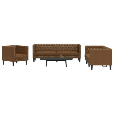 Image de vidaXL Ensemble de canapé Chesterfield 3 pcs marron similicuir daim siège relax confort 3209273