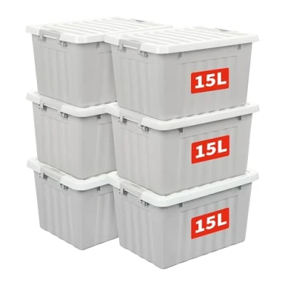Image de Cetomo Lot de 6 boîtes rangement en plastique 15 L x 6, grises, avec couvercle durable et boucles verrouillage sécurisées, empilables emboîtables, boucle