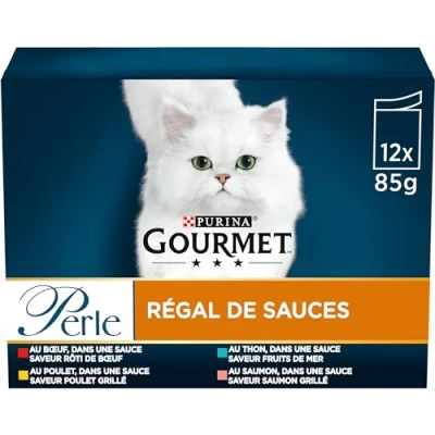 Image de GOURMET PERLE RÉGAL DE SAUCES Chat Adulte Bœuf, Poulet, Thon, Saumon 12 x 85 g Sachet fraicheur (L&#039;emballage peut varier)