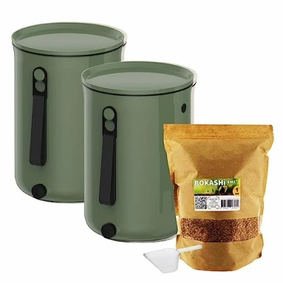 Image de Moutta Lot de 2 seaux Bokashi Organko Olive (9,6L) Composteur Organique avec compacteur + 1 kg d&#039;Activateur EM Fermentation fabriqué en France