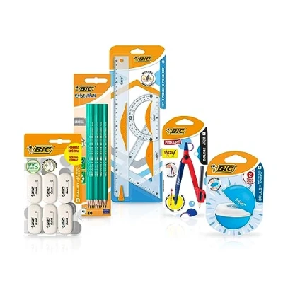 Image de BIC Kit de Fournitures Scolaires Pour Enfant Avec 1 Compas D’apprentissage, 3 Instruments Géométrie, 10 Crayons Graphite, Taille crayon et 6 Gommes Pack 21