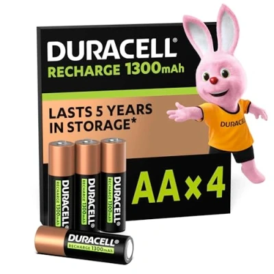 Image de Duracell Rechargeables Piles AA (lot de 4 piles), 1300 mAh NiMH, 2000 recharges, pré chargées, Puissance longue durée, un packaging recyclable 0% plastique