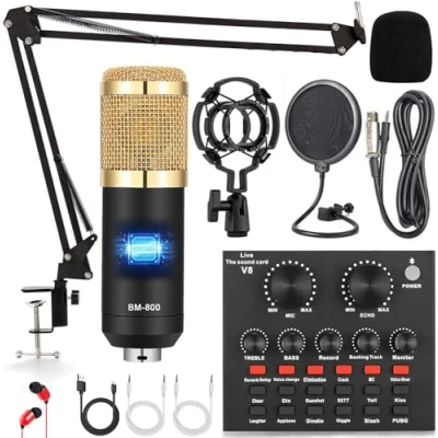 Image de ALPOWL Ensemble d&#039;équipement de Podcast, Interface Audio avec Carte Son en Direct Tout Un et Microphone à condensateur, Parfait pour l&#039;enregistrement, la Diffusion, Diffusion (Or)