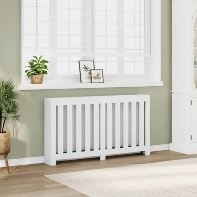 Image de vidaXL cache radiateur blanc 149x20x82 cm bois d&#039;ingénierie, bouchon de radiateur, haut, à profil 852744