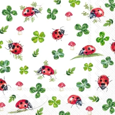 Image de Lot de 20 serviettes en papier avec motif fleurs, jardin et nature coccinelles, champignons trèfles comme décoration table Convient également pour le découpage la technique des 33