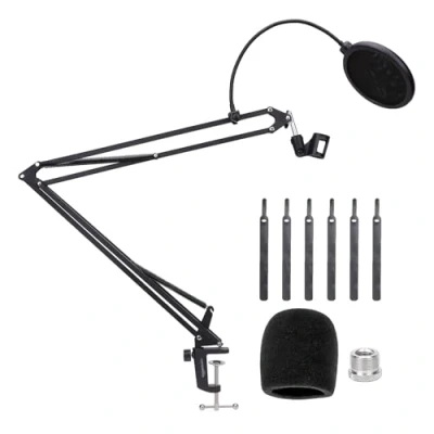 Image de Amazon Basics Bras de Microphone Réglable avec Filtre Anti Pop et Bonnette en Mousse, Pince Montage sur Table, Rotation à 360, Compatible Blue Yeti, Snowball, HyperX, 48.2 cm (19&quot;), Noir