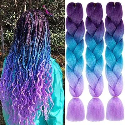 Image de FANWYFYU Kanekalon Meches Tresse Cheveux, 3Paquets 24&quot;Jumbo Braids Meches, Extension de Cheveux Fibre Synthétique Pour Crochet Twist Tressage(Violet/bleu/violet)