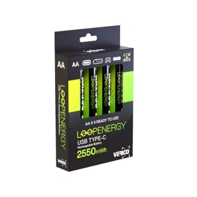 Image de VERICO LoopEnergy AA 2550 Wiederaufladbare USB C Batterie 1,5V 2550mWh (1700mAh) Li ION, Schnellladung Via Anschluss in ca. 2 Stunden, 4X AA, Farbe: Grün