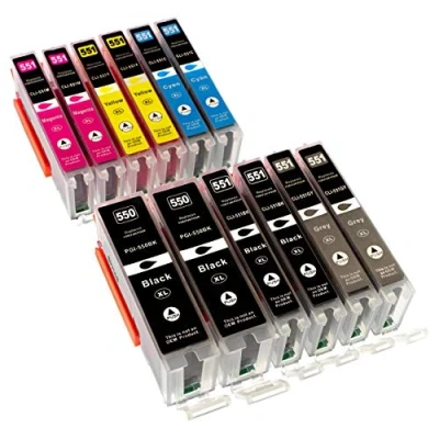 Image de 2 x 6 Cartouches d&#039;encre compatibles XL avec puce pour Canon Pixma IP8750 MG6350 MG7150 MG7550 contenant PGI550BK / CLI551BK CLI 551C 551M 551Y 551GY Version