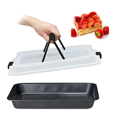 Image de relaxdays Plat Four avec Couvercle, Transport gâteaux 3 en 1, LxP 40,5x32,5 cm, Bord Haut, Plaque, Noir/Gris